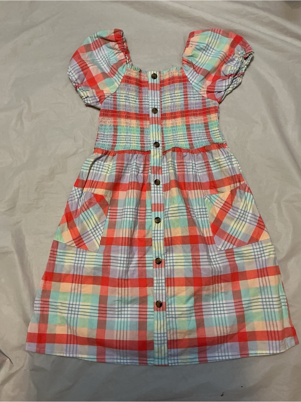 Wonder Nation plaid smocked faux button dress LG 10/12